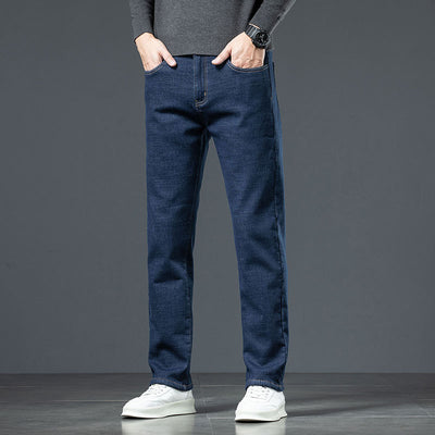 Men's Loose Straight Stretch Fleece-lined Jeans Thickened For Warmth With Lamb Fleece