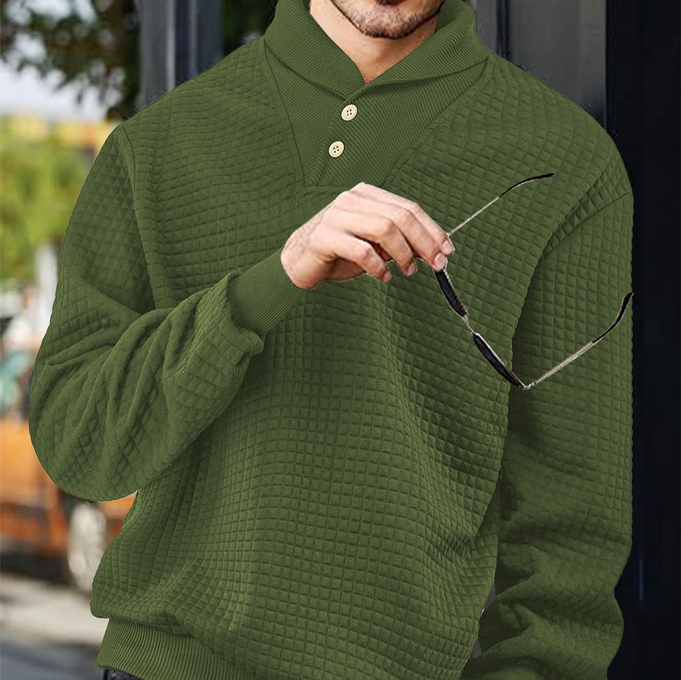 Men's Sporty Casual Loose Solid Color Lapel Jacquard Plaid Sweatshirt