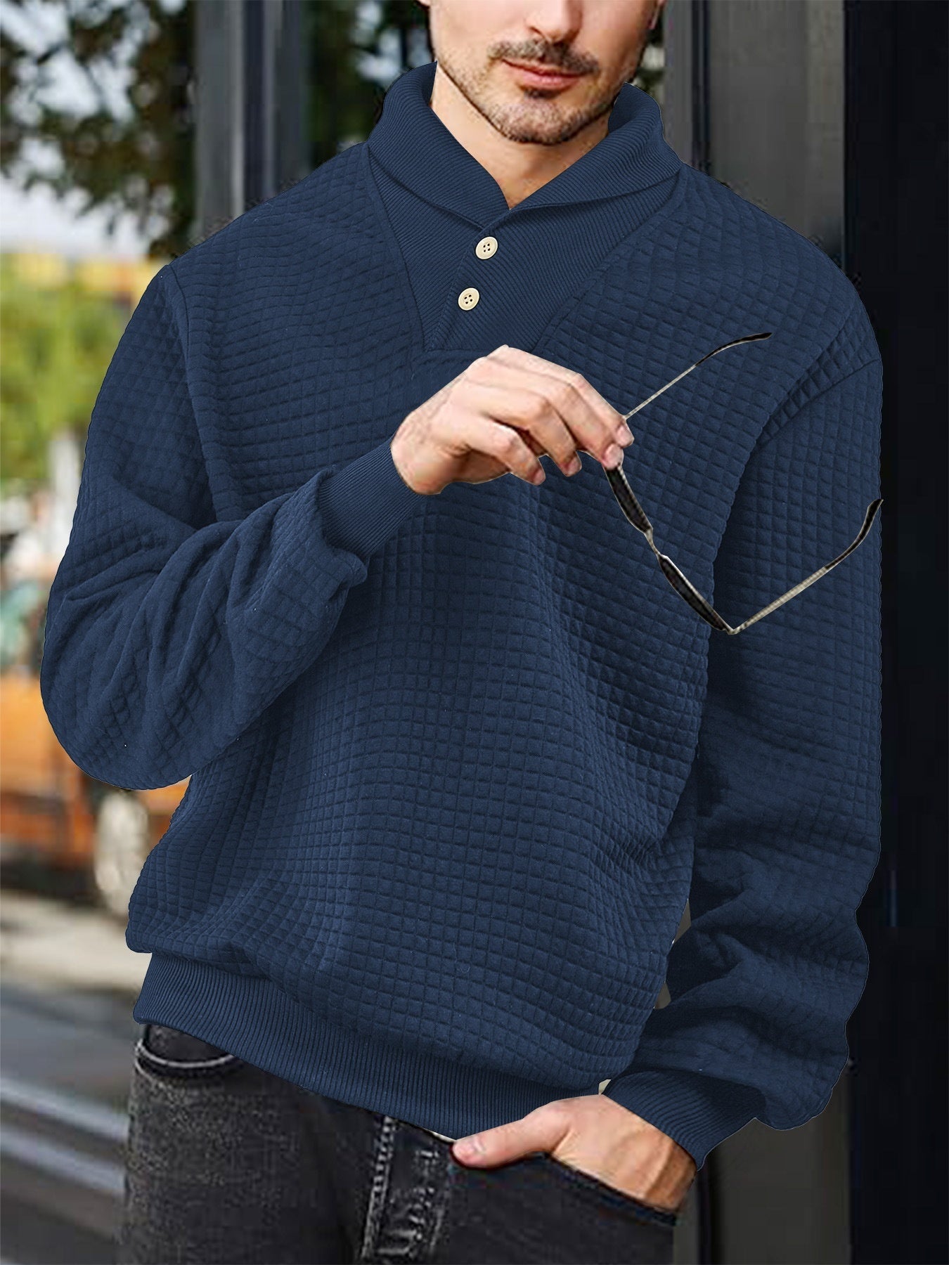 Men's Sporty Casual Loose Solid Color Lapel Jacquard Plaid Sweatshirt