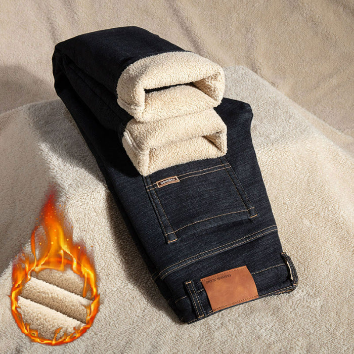 Men's Loose Straight Stretch Fleece-lined Jeans Thickened For Warmth With Lamb Fleece