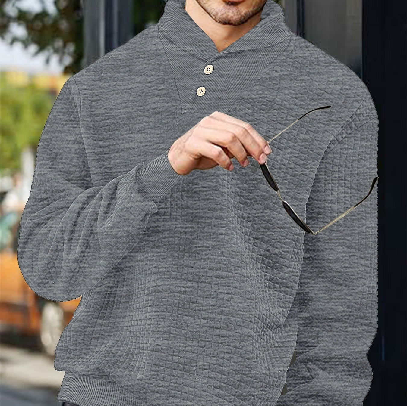 Men's Sporty Casual Loose Solid Color Lapel Jacquard Plaid Sweatshirt