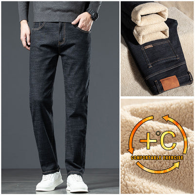 Men's Loose Straight Stretch Fleece-lined Jeans Thickened For Warmth With Lamb Fleece