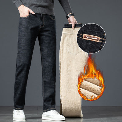 Men's Loose Straight Stretch Fleece-lined Jeans Thickened For Warmth With Lamb Fleece
