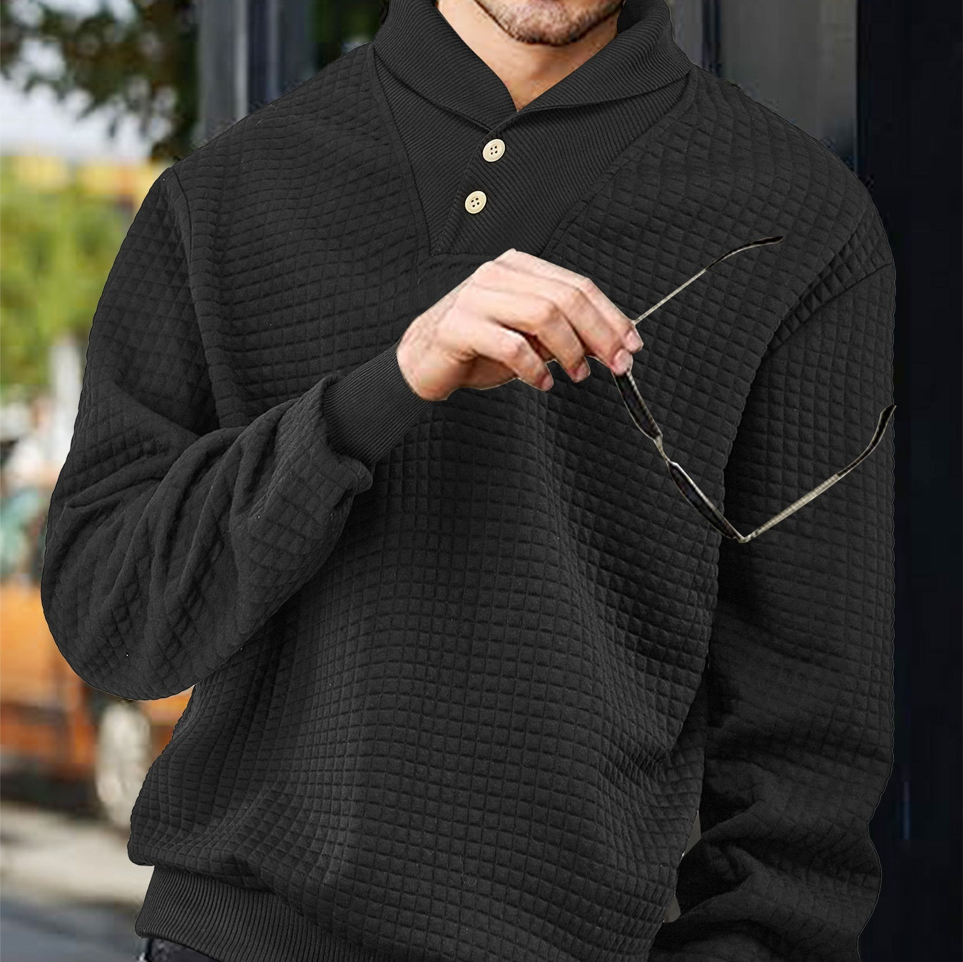 Men's Sporty Casual Loose Solid Color Lapel Jacquard Plaid Sweatshirt